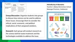 Michelle Kay M Bendaña
Teacher I, Boboy Elementary School
Batangas Province, Calabarzon
Group Discussion: Organize students into groups
to discuss how science can be used to address
these issues. Encourage them to consider the
ethical, social, economic, and political
implications of their proposed solutions.
Research: Each group will conduct research on
the science behind waste treatment and the
technologies available to address the issue.
 