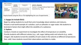 JAY-R N. PALLEGA
Teacher I, Casugad National High School
Camarines Sur, Bicol
Inquiry-based using the 5Es or 7Es highlighting the use of experiments
1. Engage (to include Elicit):
Begin by asking students to recall their prior knowledge about solutions and mixtures.
Present a real-world example of a solution, such as saltwater or sugar water. Ask students to
brainstorm factors that might affect the solubility of a substance.
2. Explore:
Conduct a hands-on experiment to investigate the effect of temperature on solubility.
Provide students with different solutes (e.g., salt, sugar, baking soda) and solvents (e.g., water,
vinegar). Ask students to test the solubility of each solute in the solvents at different temperatures
(hot, cold). Have students record their observations and data in a table.
 