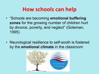 How schools can help
• “Schools are becoming emotional buffering
zones for the growing number of children hurt
by divorce, poverty, and neglect” (Goleman,
1995)
• Neurological resilience to self-sooth is fostered
by the emotional climate in the classroom
 