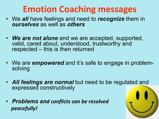 Emotion Coaching messages
• We all have feelings and need to recognize them in
ourselves as well as others
• We are not alone and we are accepted, supported,
valid, cared about, understood, trustworthy and
respected – this is then returned
• We are empowered and it’s safe to engage in problem-
solving
• All feelings are normal but need to be regulated and
expressed constructively
• Problems and conflicts can be resolved
peacefully!
 