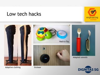 Low tech hacks
Adaptive clothing Stickear
Hack-a-Toy
Adapted utensils
 