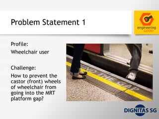 Problem Statement 1
Profile:
Wheelchair user
Challenge:
How to prevent the
castor (front) wheels
of wheelchair from
going into the MRT
platform gap?
 