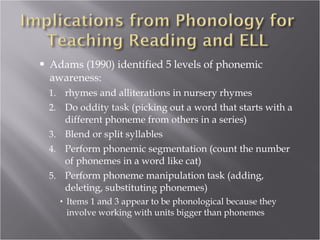 Adams (1990) identified 5 levels of phonemic awareness: rhymes and alliterations in nursery rhymes Do oddity task (picking out a word that starts with a different phoneme from others in a series) Blend or split syllables Perform phonemic segmentation (count the number of phonemes in a word like cat) Perform phoneme manipulation task (adding, deleting, substituting phonemes) Items 1 and 3 appear to be phonological because they involve working with units bigger than phonemes 
