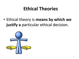 Ethical Theories
• Ethical theory is means by which we
justify a particular ethical decision.
15
 