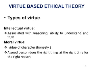 VIRTUE BASED ETHICAL THEORY
• Types of virtue
Intellectual virtue:
Associated with reasoning, ability to understand and
truth
Moral virtue:
 virtue of character (honesty )
A good person does the right thing at the right time for
the right reason
21
 