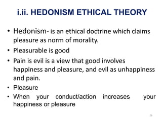 i.ii. HEDONISM ETHICAL THEORY
• Hedonism- is an ethical doctrine which claims
pleasure as norm of morality.
• Pleasurable is good
• Pain is evil is a view that good involves
happiness and pleasure, and evil as unhappiness
and pain.
• Pleasure
• When your conduct/action increases your
happiness or pleasure
29
 