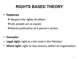 RIGHTS BASED THEORY
• Features
 Respect the rights of others
Lets people act as equals
Moral justification of a person’s action
• Examples
• Legal right: right to a fair trial in the Pakistan
• Moral right: right to due process within an organization
41
 