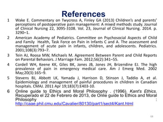 References
1 Wake E. Commentary on Twycross A, Finley GA (2013) Children’s and parents’
perceptions of postoperative pain management: A mixed methods study. Journal
of Clinical Nursing 22, 3095-3108. Vol. 23, Journal of Clinical Nursing. 2014. p.
3290–1.
2 American Academy of Pediatrics. Committee on Psychosocial Aspects of Child
and Family Health, Task Force on Pain in Infants C and A. The assessment and
management of acute pain in infants, children, and adolescents. Pediatrics.
2001;108(3):793–7.
3 Tein AJ, Roosa MW, Michaels M. Agreement Between Parent and Child Reports
on Parental Behaviors. J Marriage Fam. 2012;56(2):341–55.
4 Cordell WH, Keene KK, Giles BK, Jones JB, Jones JH, Brizendine EJ. The high
prevalence of pain in emergency medical care. Am J Emerg Med. 2002
May;20(3):165–9.
5 Stevens BJ, Abbott LK, Yamada J, Harrison D, Stinson J, Taddio A, et al.
Epidemiology and management of painful procedures in children in Canadian
hospitals. CMAJ. 2011 Apr 19;183(7):E403-10.
6 Online guide to Ethics and Moral Philosophy . (1996). Kant's Ethics.
Recuperado el 22 de Febrero de 2013, de Onlie guide to Ethics and Moral
Philosophy :
http://caae.phil.cmu.edu/Cavalier/80130/part1/sect4/Kant.html
68
 