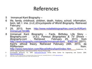 References
5 Immanuel Kant Biography –
6 life, family, childhood, children, death, history, school, information,
born, tall, t ime. (n.d.).Encyclopedia of World Biography. Retrieved
February
7 25, 2013, from http://www.notablebiographies.com/Jo-Ki/Kant-
Immanuel.html#b
8 Immanuel Kant Biography - Facts, Birthday, Life Story -
Biography.com . (n.d.). Famous Biographies & TV Shows -
Biography.com . Retrieved February 25, 2013, from
http://www.biography.com/people/immanuel-kant- 9360144 (2011).
Kant's ethical theory. Retrieved February 24th. 2013, de
RSRevision from:
http://www.rsrevision.com/Alevel/ethics/kant/index.htm Fledderman, Ch.
(2014). Engineering Ethics. International Edition, Pearson Prentice Hall.
9 Encyclopedia Britannica, Inc. 2003. www.search.eb.com Online Ethics Center for Engineering and Science. 2004.
http://onlineethics.org
10 Fledderman, Ch. (2014). Engineering Ethics. International Edition, Pearson Prentice Hall. Encyclopedia Britannica, Inc. 2003. www.search.eb.com
11 Online Ethics Center for Engineering and Science. 2004. http://onlineethics.org
 