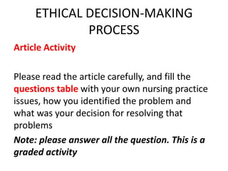 ETHICAL DECISION-MAKING
PROCESS
Article Activity
Please read the article carefully, and fill the
questions table with your own nursing practice
issues, how you identified the problem and
what was your decision for resolving that
problems
Note: please answer all the question. This is a
graded activity
 