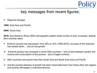 key messages from recent figures:
 Regional changes:
1990: East Asia and Pacific;
2000: South Asia
2010: Sub-Saharan Africa (SSA) demographic pattern (total number of poor increases, despite
fall in poverty rates)
 Extreme poverty has decreased: from 40% to 10% (1990-2015), but pace of the reduction
has slowed down… and so has growth.
 Extreme poverty has increased in some SSA countries – lack of links between growth and
income and consumption of the poorest - and in fragile contexts.
 SSA countries have grown less than South Asia and South East Asia and Pacific
 And the poverty elasticity of growth has been historically lower than these other two regions
and poverty still largely a rural phenomenon.
3
 