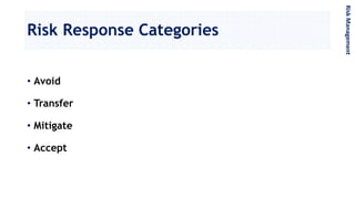 Risk Response Categories
RiskManagement
• Avoid
• Transfer
• Mitigate
• Accept
 