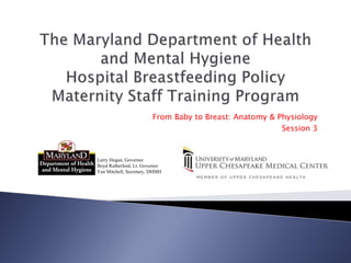 From Baby to Breast: Anatomy & Physiology
Session 3
Larry Hogan, Governor
Boyd Rutherford, Lt. Governor
Van Mitchell, Secretary, DHMH
 