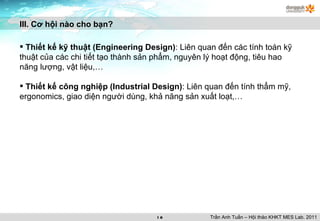 Thiết kế kỹ thuật (Engineering Design) : Liên quan đến các tính toán kỹ thuật của các chi tiết tạo thành sản phẩm, nguyên lý hoạt động, tiêu hao năng lượng, vật liệu,… Thiết kế công nghiệp (Industrial Design) : Liên quan đến tính thẩm mỹ, ergonomics, giao diện người dùng, khả năng sản xuất loạt,… III. Cơ hội nào cho bạn? Trần Anh Tuấn – Hội thảo KHKT MES Lab. 2011 