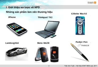 Những sản phẩm làm nên thương hiệu iPhone Thinkpad T42 Gillette Mach3 Lamborghini Moto RAZR Parker Pen I. Giới thiệu sơ lược về NPD Trần Anh Tuấn – Hội thảo KHKT MES Lab. 2011 