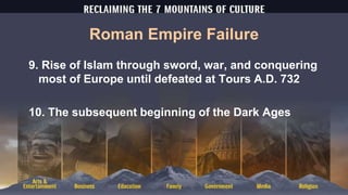 Roman Empire Failure
9. Rise of Islam through sword, war, and conquering
most of Europe until defeated at Tours A.D. 732
10. The subsequent beginning of the Dark Ages
 