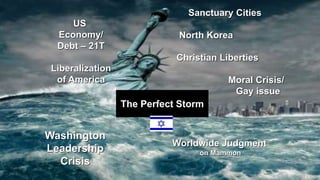 The Perfect Storm
US
Economy/
Debt – 21T
Liberalization
of America
Sanctuary Cities
North Korea
Christian Liberties
Moral Crisis/
Gay issue
Worldwide Judgment
on Mammon
Washington
Leadership
Crisis
 
