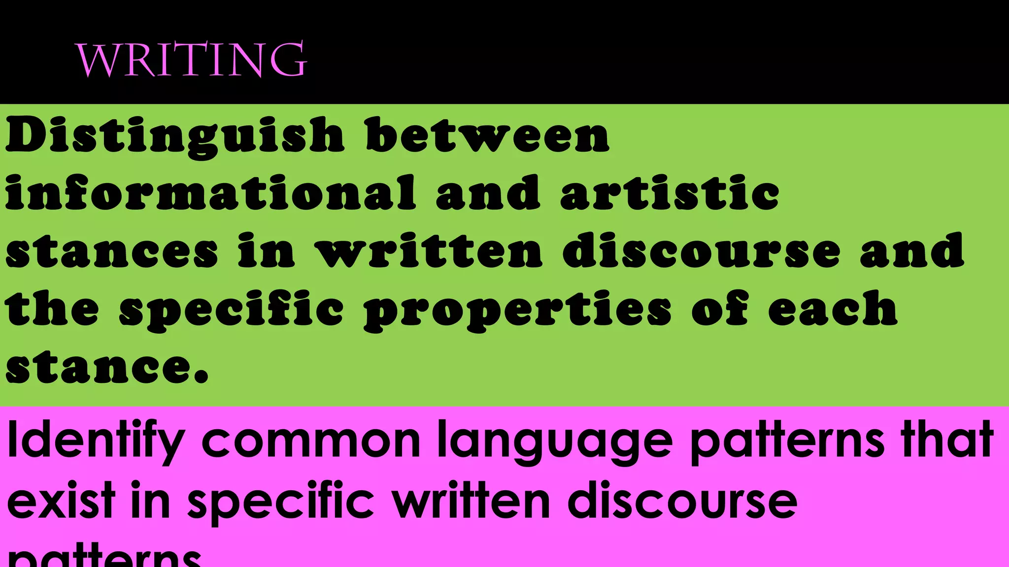 Writing
Distinguish between
informational and artistic
stances in written discourse and
the specific properties of each
stance.
Identify common language patterns that
exist in specific written discourse
 