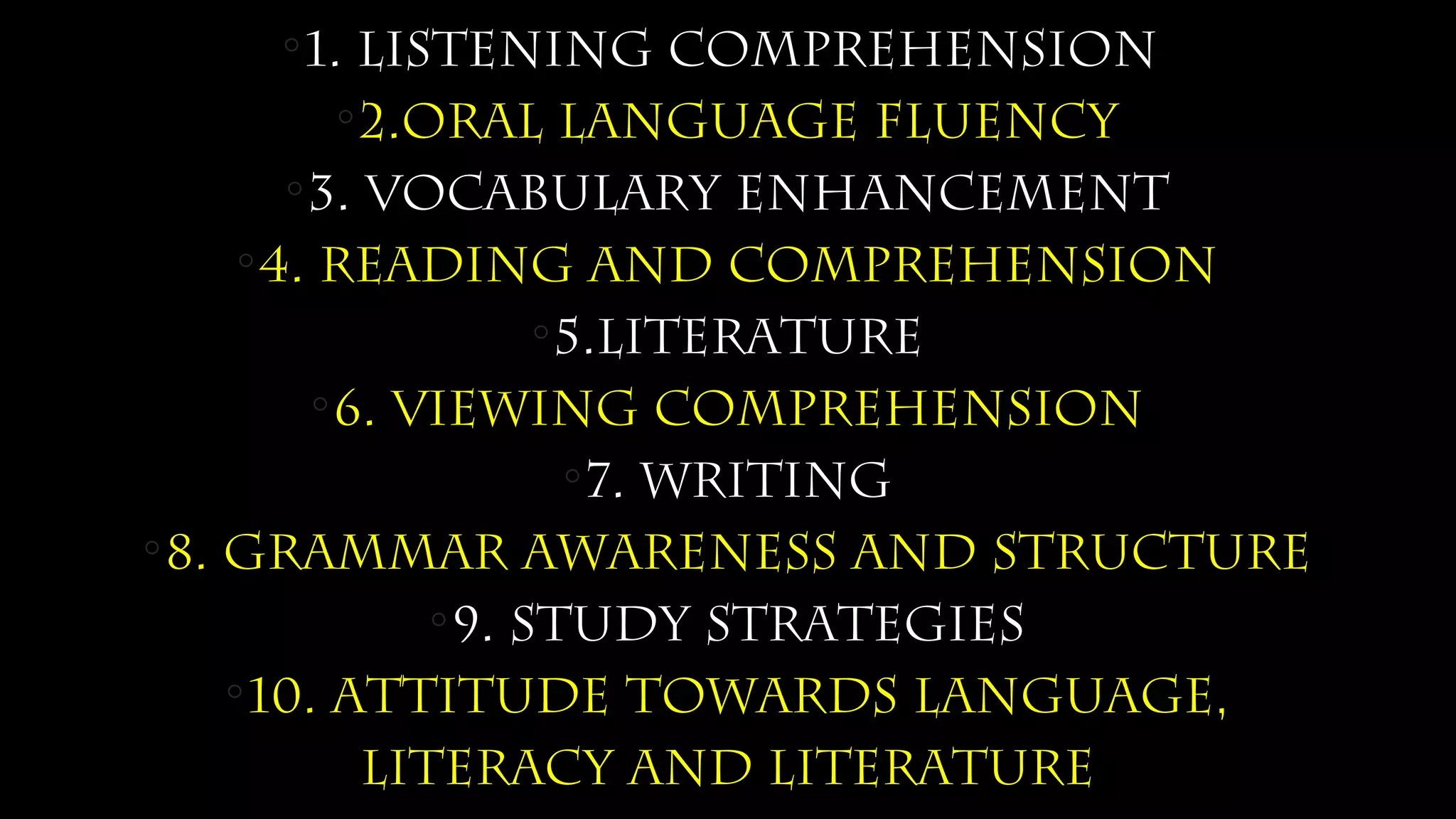 ◦1. Listening Comprehension
◦2.oral language fluency
◦3. vocabulary enhancement
◦4. reading and comprehension
◦5.Literature
◦6. viewing comprehension
◦7. Writing
◦8. grammar awareness and structure
◦9. study strategies
◦10. attitude towards language,
literacy and literature
 