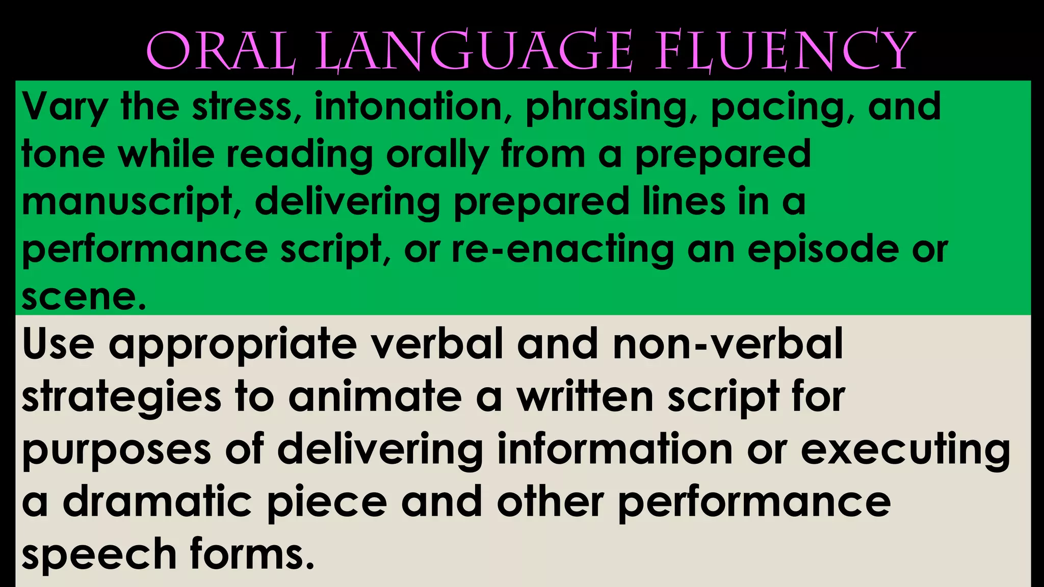 oral language fluency
Vary the stress, intonation, phrasing, pacing, and
tone while reading orally from a prepared
manuscript, delivering prepared lines in a
performance script, or re-enacting an episode or
scene.
Use appropriate verbal and non-verbal
strategies to animate a written script for
purposes of delivering information or executing
a dramatic piece and other performance
speech forms.
 