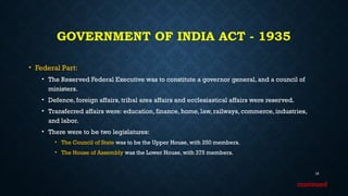 GOVERNMENT OF INDIA ACT - 1935
• Federal Part:
• The Reserved Federal Executive was to constitute a governor general, and a council of
ministers.
• Defence, foreign affairs, tribal area affairs and ecclesiastical affairs were reserved.
• Transferred affairs were: education, finance, home, law, railways, commerce, industries,
and labor.
• There were to be two legislatures:
• The Council of State was to be the Upper House, with 250 members.
• The House of Assembly was the Lower House, with 375 members.
16
continued
 
