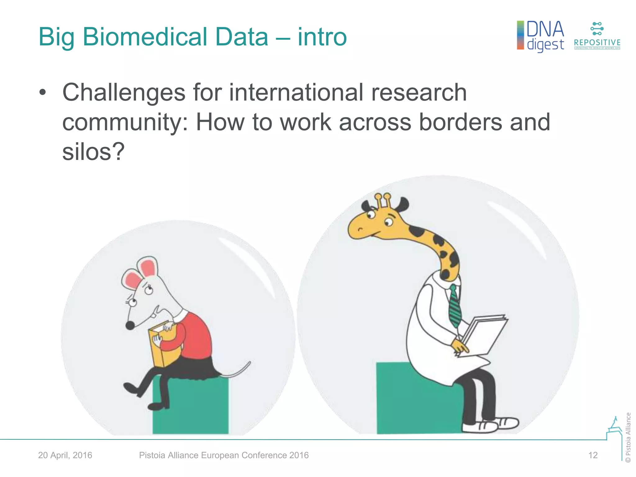 ©PistoiaAlliance
Big Biomedical Data – intro
Pistoia Alliance European Conference 2016 1220 April, 2016
• Challenges for international research
community: How to work across borders and
silos?
 