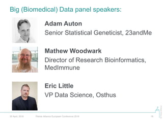 ©PistoiaAlliance
Big (Biomedical) Data panel speakers:
Pistoia Alliance European Conference 2016 1820 April, 2016
Adam Auton
Senior Statistical Geneticist, 23andMe
Mathew Woodwark
Director of Research Bioinformatics,
MedImmune
Eric Little
VP Data Science, Osthus
 