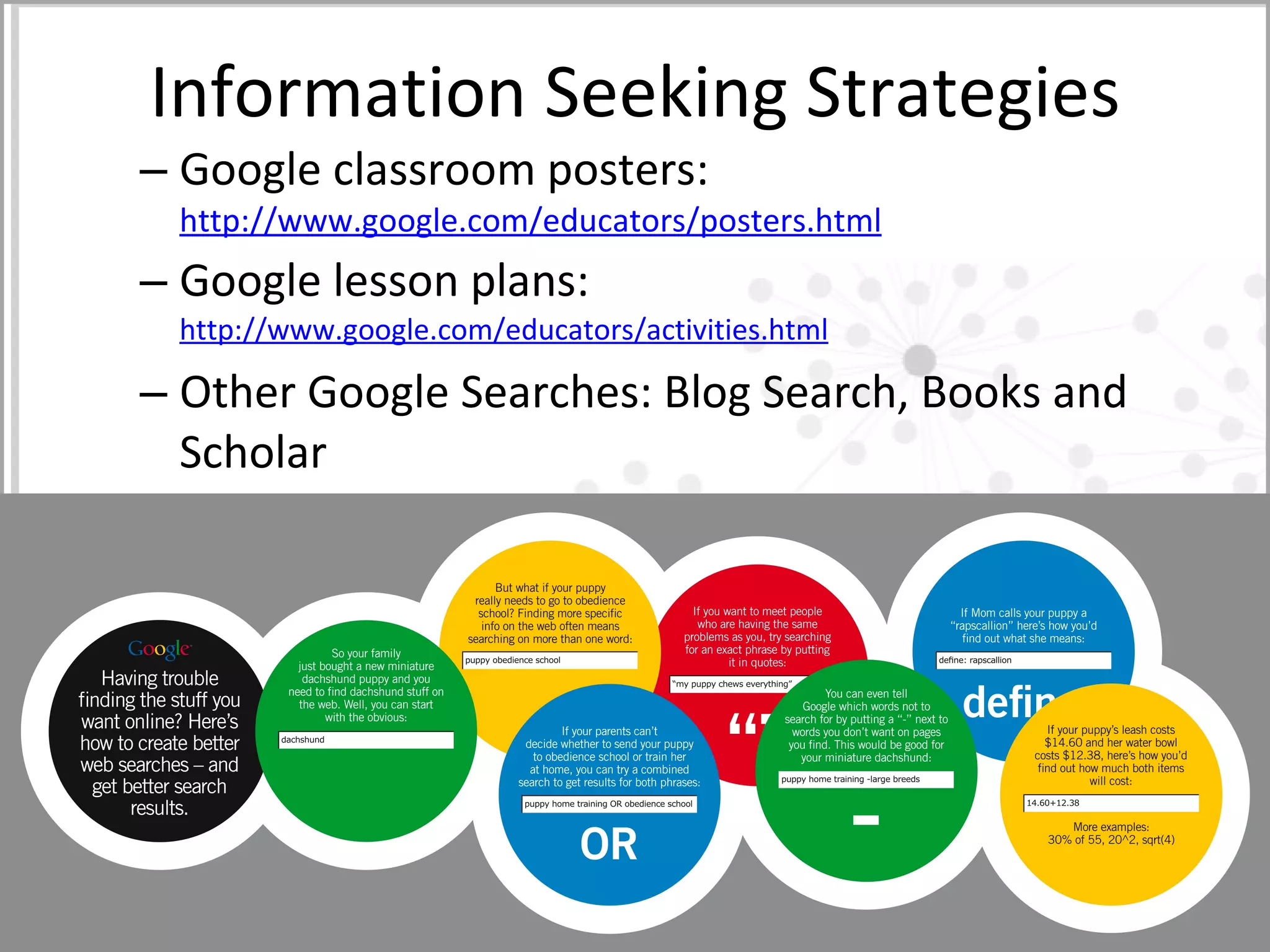 Information Seeking Strategies Google classroom posters: http://www.google.com/educators/posters.html   Google lesson plans:  http://www.google.com/educators/activities.html Other Google Searches:  Blog Search, Books and Scholar 