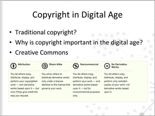 Copyright in Digital Age Traditional copyright? Why is copyright important in the digital age? Creative Commons 