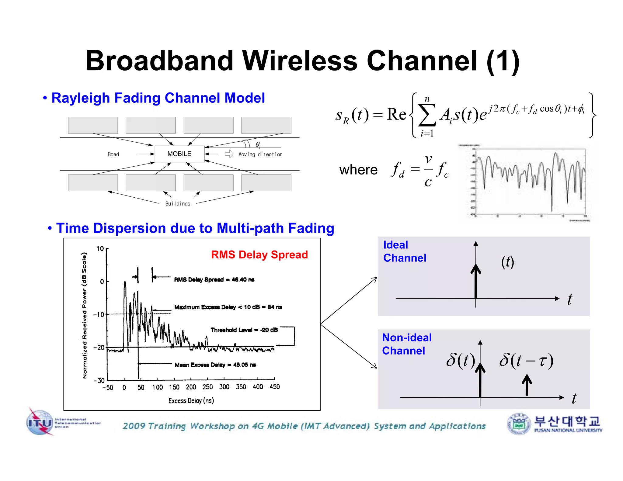 • Rayleigh Fading Channel Model
• Time Dispersion due to Multi-path Fading
MOBILE Moving directionRoad
Buildings
i
2 ( cos )
1
( ) Re ( ) c d i i
n
j f f t
R i
i
s t As t e    

 
  
 

cd f
c
v
f where
RMS Delay Spread
(t)
t
t
( )t ( )t
Ideal
Channel
Non-ideal
Channel
Broadband Wireless Channel (1)
 