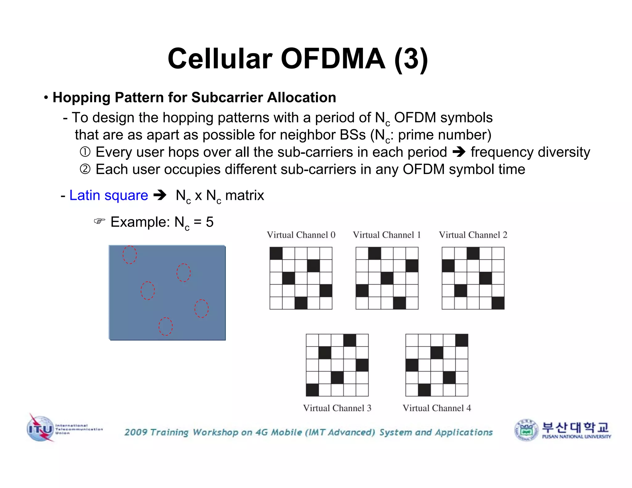 • Hopping Pattern for Subcarrier Allocation
- To design the hopping patterns with a period of Nc OFDM symbols
that are as apart as possible for neighbor BSs (Nc: prime number)
 Every user hops over all the sub-carriers in each period  frequency diversity
 Each user occupies different sub-carriers in any OFDM symbol time
- Latin square  Nc x Nc matrix
 Example: Nc = 5
Cellular OFDMA (3)
 