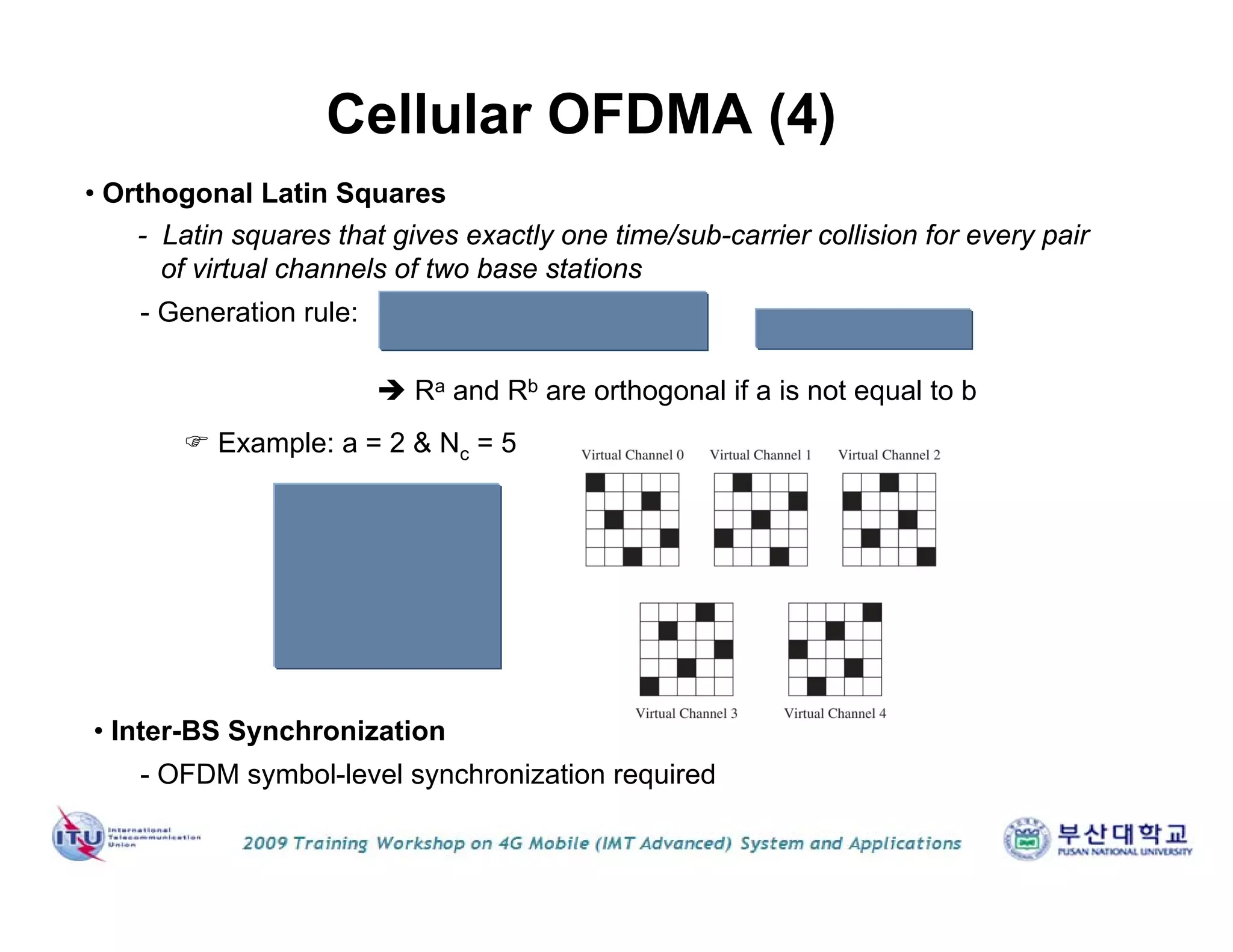 • Orthogonal Latin Squares
- Latin squares that gives exactly one time/sub-carrier collision for every pair
of virtual channels of two base stations
 Ra and Rb are orthogonal if a is not equal to b
- Generation rule:
 Example: a = 2 & Nc = 5
• Inter-BS Synchronization
- OFDM symbol-level synchronization required
Cellular OFDMA (4)
 