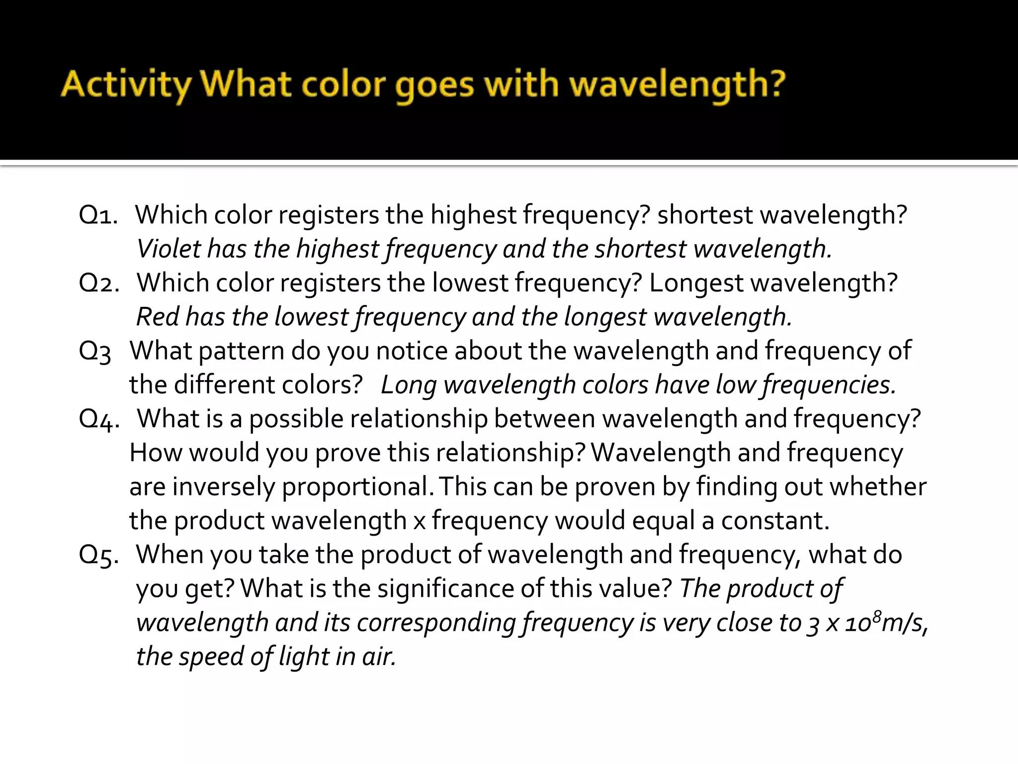 Q1. Which color registers the highest frequency? shortest wavelength?
     Violet has the highest frequency and the shortest wavelength.
Q2. Which color registers the lowest frequency? Longest wavelength?
     Red has the lowest frequency and the longest wavelength.
Q3 What pattern do you notice about the wavelength and frequency of
    the different colors? Long wavelength colors have low frequencies.
Q4. What is a possible relationship between wavelength and frequency?
    How would you prove this relationship? Wavelength and frequency
    are inversely proportional. This can be proven by finding out whether
    the product wavelength x frequency would equal a constant.
Q5. When you take the product of wavelength and frequency, what do
     you get? What is the significance of this value? The product of
     wavelength and its corresponding frequency is very close to 3 x 108m/s,
     the speed of light in air.
 