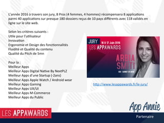 L’année	2016	à	travers	son	jury,	8	Pros	(4	femmes,	4	hommes)	récompensera	8	applica@ons	
parmi	40	applica@ons	sur	presque	180	dossiers	reçus	de	10	pays	diﬀérents	avec	118	validés	en	
ligne	sur	le	site	web.	
	
Selon	les	critères	suivants	:	
U@le	pour	l’u@lisateur	
Innova@on	
Ergonomie	et	Design	des	fonc@onnalités	
Fluidité	et	Qualité	du	contenu	
Qualité	du	Pitch	de	5mn	
	
Pour	la	:	
Meilleur	Apps	
Meilleur	Apps	Digital	Na@ve	By	NextPLZ	
Meilleur	Apps	d’une	Startup	(-2ans)	
Meilleur	Apps	Apple	Watch	/	Android	wear												
Meilleur	Apps	Gaming																																																															h%p://www.lesappawards.fr/le-jury/	
Meilleur	Apps	UX/UI	
Meilleur	Apps	M-Commerce	
Meilleur	Apps	du	Public	
	
Partenaire	
 