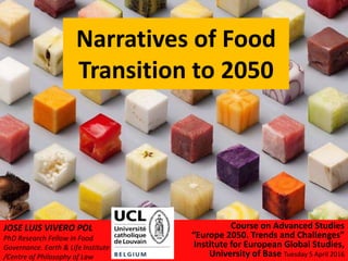 Narratives of Food
Transition to 2050
JOSE LUIS VIVERO POL
PhD Research Fellow in Food
Governance. Earth & Life Institute
/Centre of Philosophy of Law
Course on Advanced Studies
“Europe 2050. Trends and Challenges”
Institute for European Global Studies,
University of Base Tuesday 5 April 2016
 