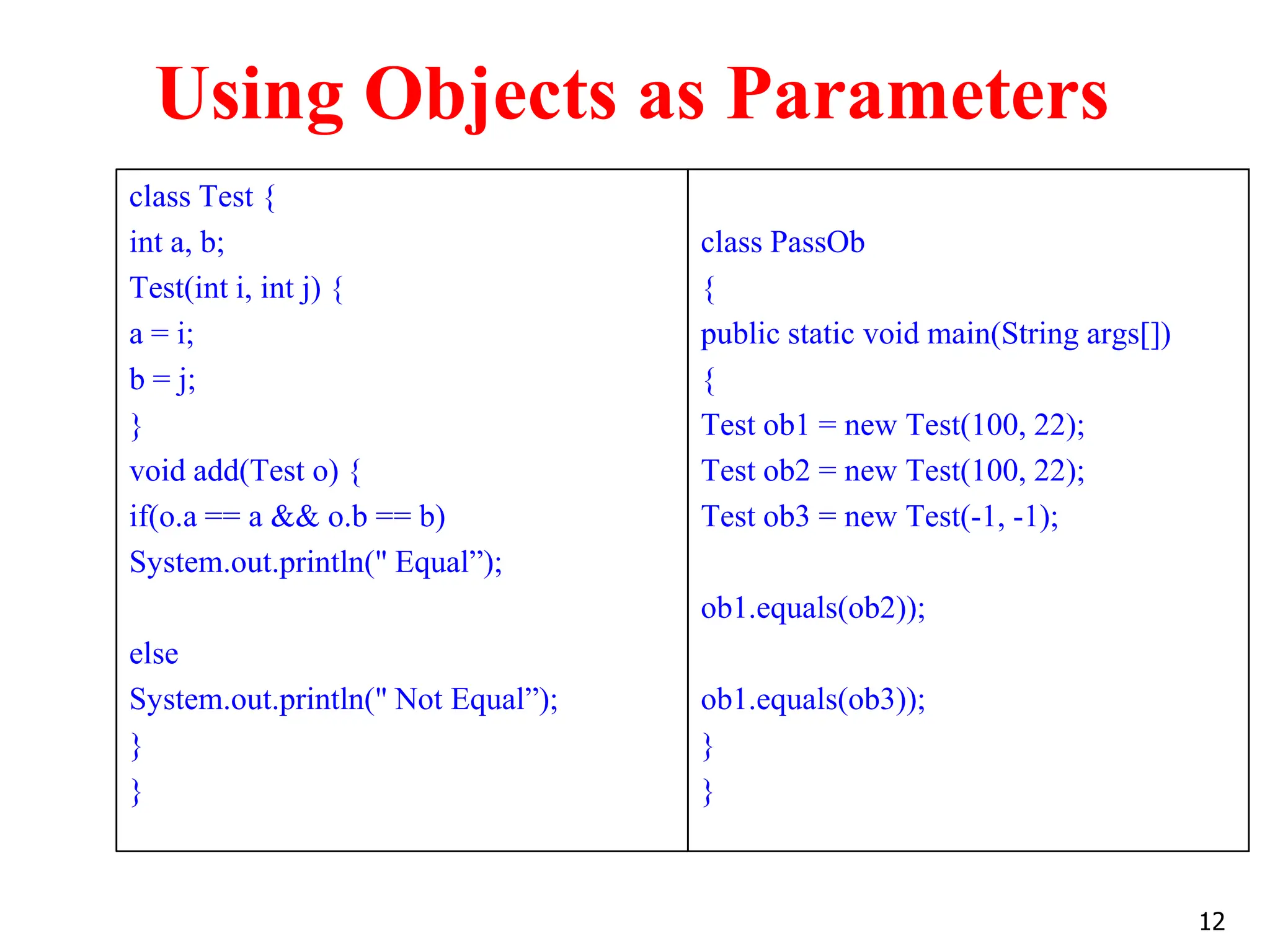 Using Objects as Parameters class Test { int a, b; Test(int i, int j) { a = i; b = j; } void add(Test o) { if(o.a == a && o.b == b) System.out.println(" Equal”); else System.out.println(" Not Equal”); } } class PassOb { public static void main(String args[]) { Test ob1 = new Test(100, 22); Test ob2 = new Test(100, 22); Test ob3 = new Test(-1, -1); ob1.equals(ob2)); ob1.equals(ob3)); } } 12 
