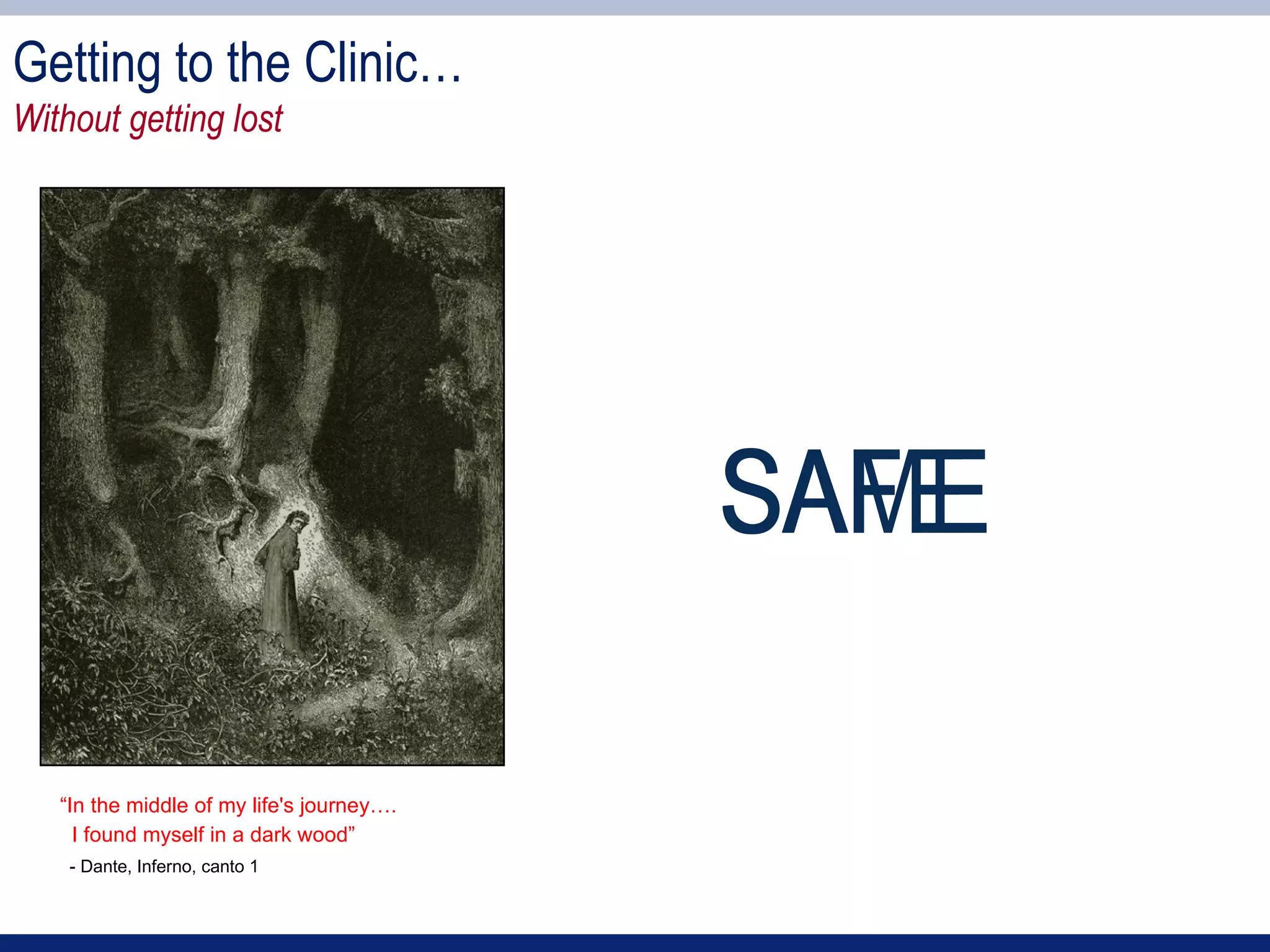 Getting to the Clinic…
Without getting lost




                                           SAFE
                                           SAME

   “In the middle of my life's journey….
     I found myself in a dark wood”
    - Dante, Inferno, canto 1
 