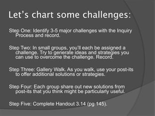 Let’s chart some challenges:
Step One: Identify 3-5 major challenges with the Inquiry
   Process and record.

Step Two: In small groups, you’ll each be assigned a
   challenge. Try to generate ideas and strategies you
   can use to overcome the challenge. Record.

Step Three: Gallery Walk. As you walk, use your post-its
   to offer additional solutions or strategies.

Step Four: Each group share out new solutions from
   post-its that you think might be particularly useful.

Step Five: Complete Handout 3.14 (pg 145).
 
