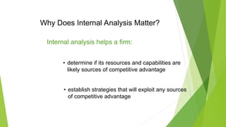 Why Does Internal Analysis Matter?
• establish strategies that will exploit any sources
of competitive advantage
• determine if its resources and capabilities are
likely sources of competitive advantage
Internal analysis helps a firm:
 