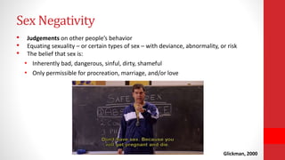 • Judgements on other people’s behavior
• Equating sexuality – or certain types of sex – with deviance, abnormality, or risk
• The belief that sex is:
• Inherently bad, dangerous, sinful, dirty, shameful
• Only permissible for procreation, marriage, and/or love
Glickman, 2000
Sex Negativity
 