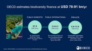 OECD estimates biodiversity finance at USD 78-91 bn/yr
PUBLIC DOMESTIC PRIVATEPUBLIC INTERNATIONAL
Source: OECD (2020), A Comprehensive Overview of Global Biodiversity Finance
67.8
USD bn/yr
3.9-9.3
USD bn/yr
6.6-13.6
USD bn/yr
81 governments
(2015-2017 data)
Source: CBD, BIOFIN, COFOG
and other
Bi/multi-lateral ODA and
non-concessional flows
(2015-2017 data)
Source: OECD CRS
Sustainable commodities,
philanthropy, PES, others
(2015-2017 data)
Source: multiple sources
 