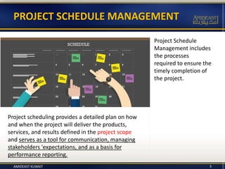 Project Schedule
Management includes
the processes
required to ensure the
timely completion of
the project.
PROJECT SCHEDULE MANAGEMENT
AMIDEAST KUWAIT 3
Project scheduling provides a detailed plan on how
and when the project will deliver the products,
services, and results defined in the project scope
and serves as a tool for communication, managing
stakeholders 'expectations, and as a basis for
performance reporting.
 
