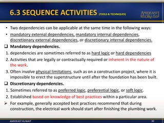 • Two dependencies can be applicable at the same time in the following ways:
• mandatory external dependencies, mandatory internal dependencies,
discretionary external dependencies, or discretionary internal dependencies.
 Mandatory dependencies.
1. dependencies are sometimes referred to as hard logic or hard dependencies
2. Activities that are legally or contractually required or inherent in the nature of
the work.
3. Often involve physical limitations, such as on a construction project, where it is
impossible to erect the superstructure until after the foundation has been built.
 Discretionary dependencies.
1. Sometimes referred to as preferred logic, preferential logic, or soft logic.
2. Established based on knowledge of best practices within a particular area.
 For example, generally accepted best practices recommend that during
construction, the electrical work should start after finishing the plumbing work.
30
6.3 SEQUENCE ACTIVITIES (TOOLS & TECHNIQUES)
AMIDEAST KUWAIT
 