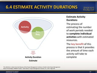 Estimate Activity
Durations
The process of
estimating the number
of work periods needed
to complete individual
activities with estimated
resources.
The key benefit of this
process is that it provides
the amount of time each
activity will take to
complete
6.4 ESTIMATE ACTIVITY DURATIONS
37
Activity Duration
Estimate
Activity
Res.
Req.
This definition is taken from the Glossary of the Project Management Institute, A Guide to the Project Management
Body of Knowledge, (PMBOK® Guide) – Sixth Edition, Project Management Institute, Inc., 2017, Page 539.
AMIDEAST KUWAIT
 