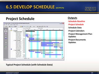 Outputs
-Schedule Baseline
-Project Schedule
-Schedule Data
-Project Calendars
-Project Management Plan
Updates
-Project D...
