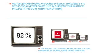 YOUTUBE (CREATED IN 2005 AND OWNED BY GOOGLE SINCE 2006) IS THE 
SECOND SOCIAL NETWORK MOST USED BY EUROPEAN TOURISM OFFICES 
INCLUDED IN THIS STUDY (USED BY 82% OF THEM). 
THE TOP 10 IS : SEVILLA, LONDON, MADRID, HELSINKI, LA PLAGNE, 
COPENHAGEN, VAL THORENS, DUBLIN, SÖLDEN, AMSTERDAM. 
 