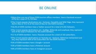 BE ONLINE 
More than one out of three EDEN tourism offices members have a Facebook account 
(37%) for a total of 75,739 likes. 
The 3 most popular destinations are : Karlovac, Clonakilty and Wild Taiga, they represent 
28,411 likes or 37,5 % of the total of likes for the EDEN members 
16,5% of EDEN members have a Twitter account for a total of 4,565 followers. 
The 3 most popular destinations are : Kuldiga, Waterrijk and Loophead, they represent 
55% of the total of followers for the EDEN members. 
11 % of EDEN members have a Youtube account for a total of 102 subscribers. 
The 3 most popular destinations on Youtube are : Karlovac, Bohemian Switzerland and 
Sinj, they represent 66% of the Subscribers for the EDEN members. 
3% of EDEN members have a Google + account 
3% of EDEN members have a Pinterest account 
0% of EDEN members have an Instagram account 
 