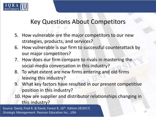 Key Questions About Competitors
5. How vulnerable are the major competitors to our new
strategies, products, and services?
6. How vulnerable is our firm to successful counterattack by
our major competitors?
7. How does our firm compare to rivals in mastering the
social-media conversation in this industry?
8. To what extent are new firms entering and old firms
leaving this industry?
9. What key factors have resulted in our present competitive
position in this industry?
10. How are supplier and distributor relationships changing in
this industry?
Source: David, Fred R. & David, Forest R, 16th. Edition (©2017)
Strategic Management. Pearson Education Inc., USA 24
 