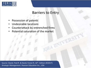 Barriers to Entry
• Possession of patents
• Undesirable locations
• Counterattack by entrenched firms
• Potential saturation of the market
Source: David, Fred R. & David, Forest R, 16th. Edition (©2017)
Strategic Management. Pearson Education Inc., USA 32
 