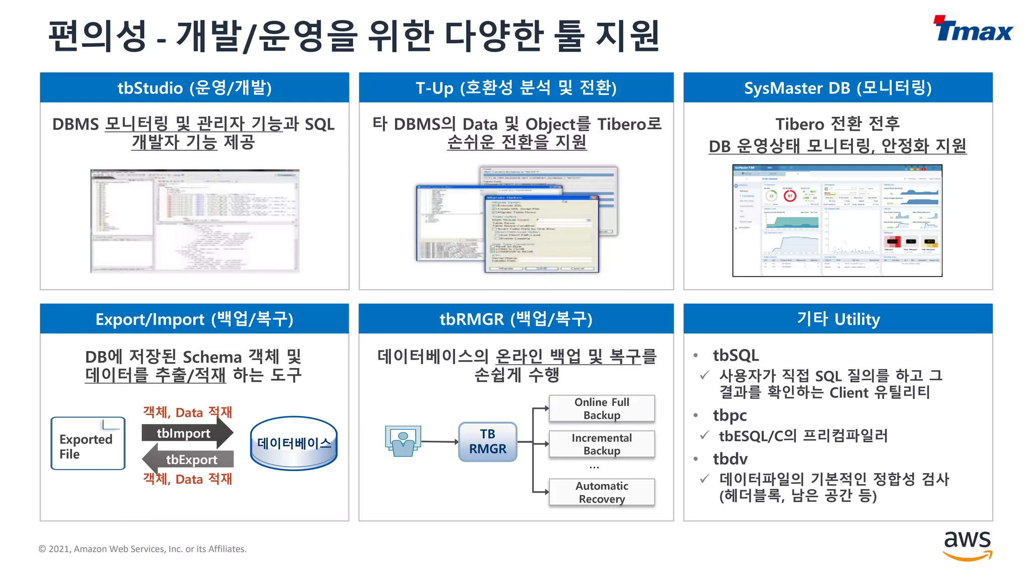 © 2021, Amazon Web Services, Inc. or its Affiliates.
편의성 - 개발/운영을 위한 다양한 툴 지원
Exported
File tbExport
tbImport
데이터베이스
객체, Data 적재
객체, Data 적재
Tibero 전환 전후
DB 운영상태 모니터링, 안정화 지원
DBMS 모니터링 및 관리자 기능과 SQL
개발자 기능 제공
• tbSQL
✓ 사용자가 직접 SQL 질의를 하고 그
결과를 확인하는 Client 유틸리티
• tbpc
✓ tbESQL/C의 프리컴파일러
• tbdv
✓ 데이터파일의 기본적인 정합성 검사
(헤더블록, 남은 공간 등)
데이터베이스의 온라인 백업 및 복구를
손쉽게 수행
DB에 저장된 Schema 객체 및
데이터를 추출/적재 하는 도구
Online Full
Backup
Incremental
Backup
Automatic
Recovery
TB
RMGR
…
타 DBMS의 Data 및 Object를 Tibero로
손쉬운 전환을 지원
tbStudio (운영/개발) SysMaster DB (모니터링)
Export/Import (백업/복구) tbRMGR (백업/복구) 기타 Utility
T-Up (호환성 분석 및 전환)
 